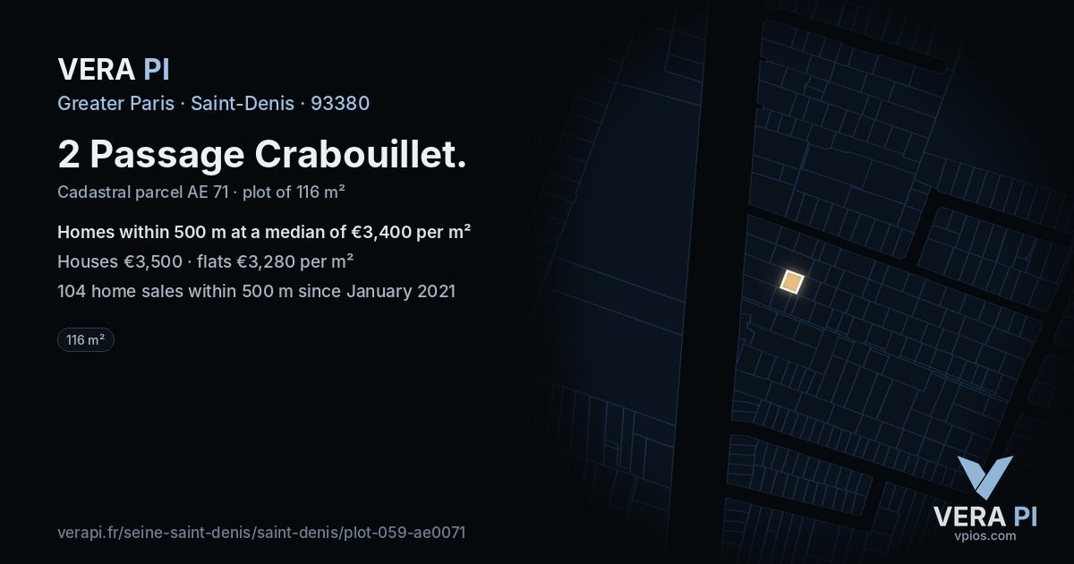 2 Passage Crabouillet, Saint-Denis at night – the plot lit, the parcels around coloured by the prices near them