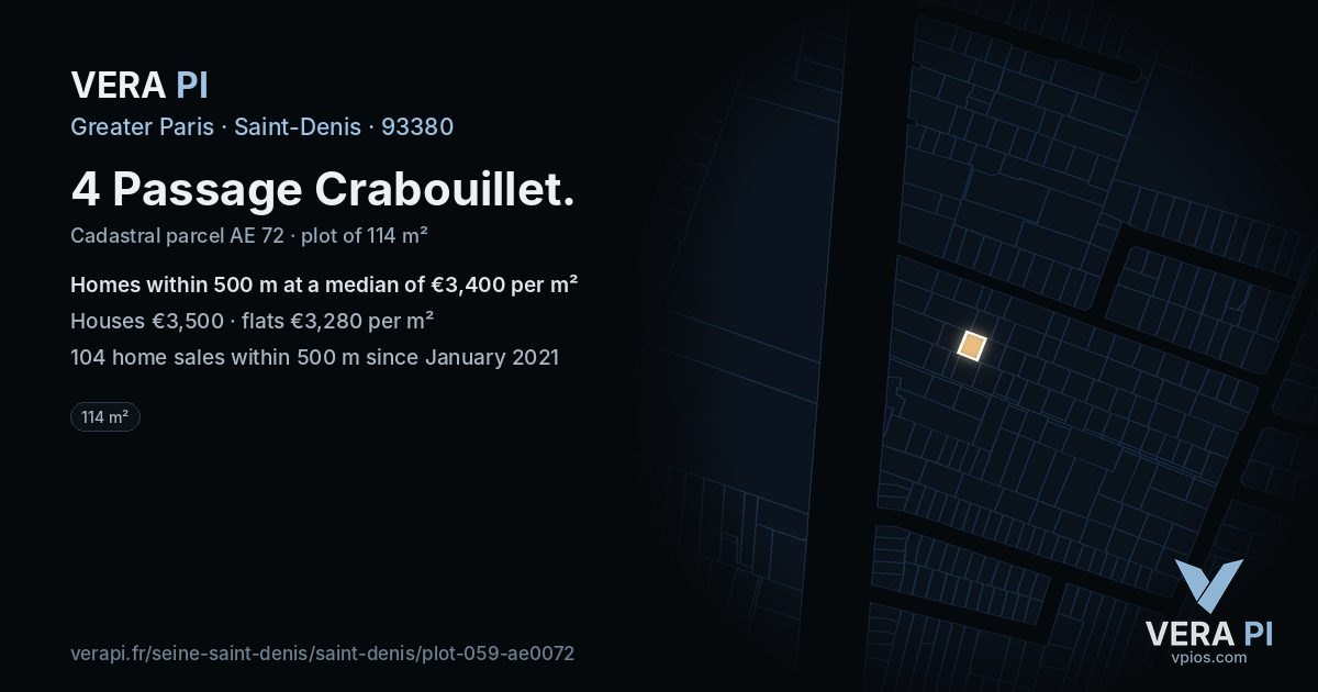 4 Passage Crabouillet, Saint-Denis at night – the plot lit, the parcels around coloured by the prices near them