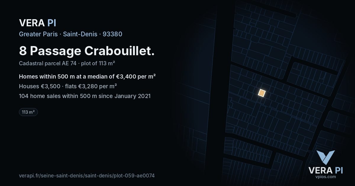 8 Passage Crabouillet, Saint-Denis at night – the plot lit, the parcels around coloured by the prices near them