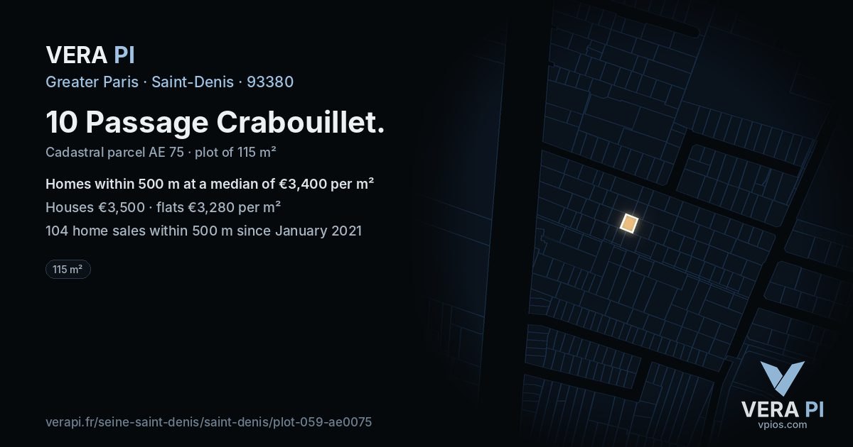 10 Passage Crabouillet, Saint-Denis at night – the plot lit, the parcels around coloured by the prices near them