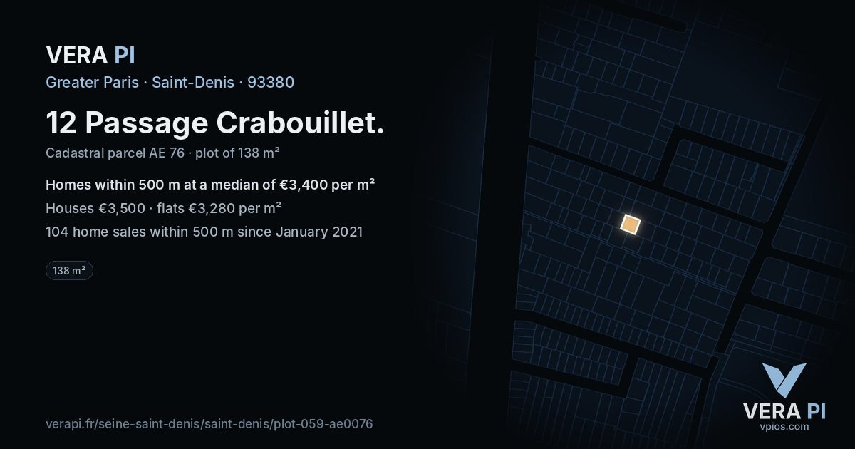 12 Passage Crabouillet, Saint-Denis at night – the plot lit, the parcels around coloured by the prices near them
