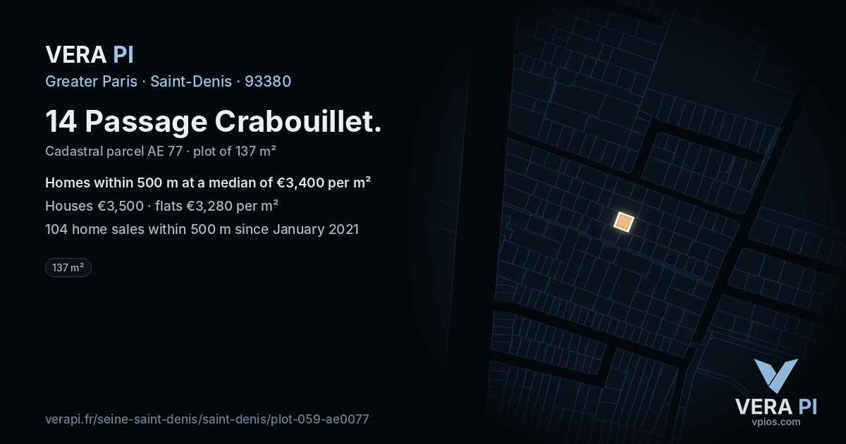 14 Passage Crabouillet, Saint-Denis at night – the plot lit, the parcels around coloured by the prices near them