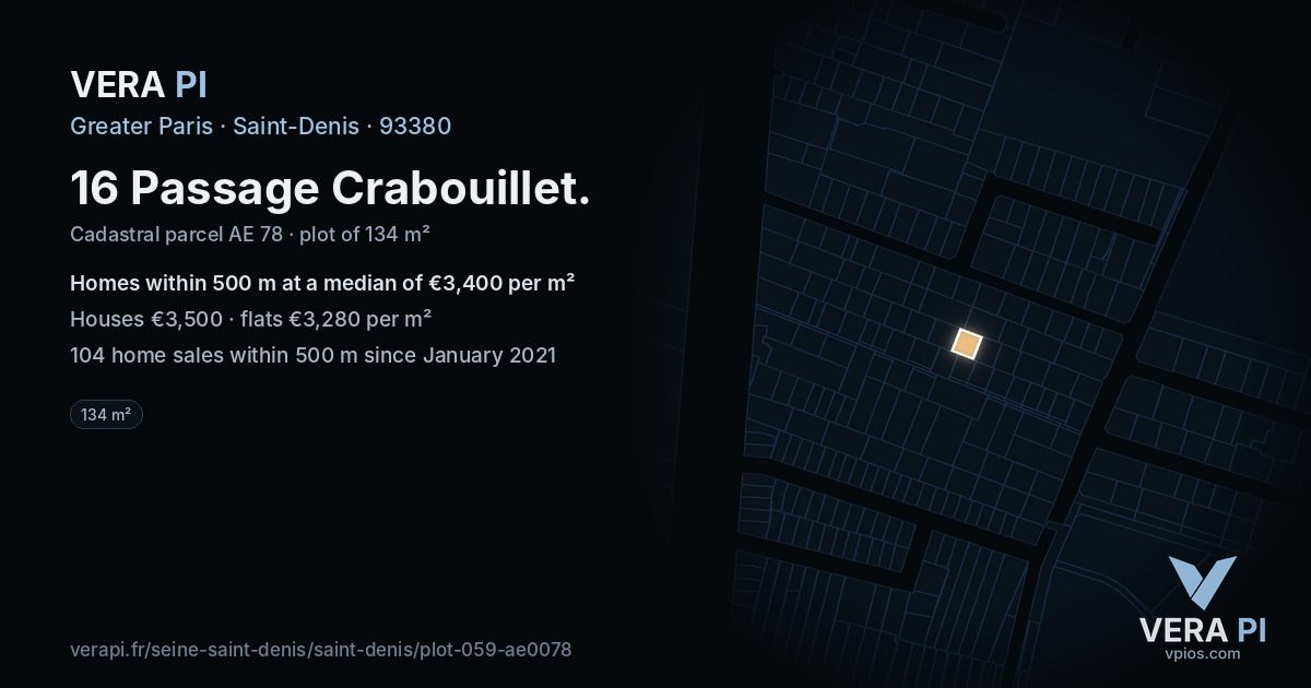 16 Passage Crabouillet, Saint-Denis at night – the plot lit, the parcels around coloured by the prices near them