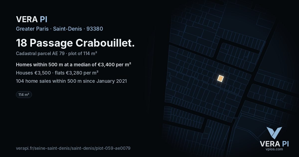 18 Passage Crabouillet, Saint-Denis at night – the plot lit, the parcels around coloured by the prices near them