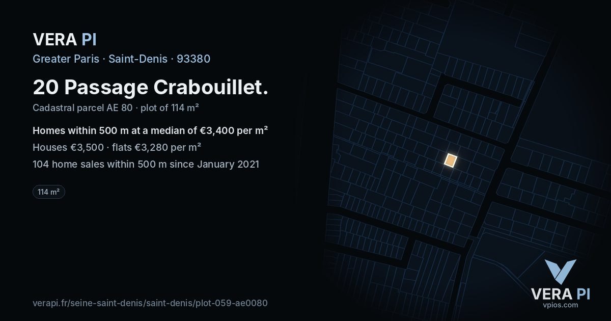 20 Passage Crabouillet, Saint-Denis at night – the plot lit, the parcels around coloured by the prices near them