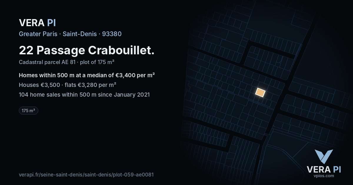 22 Passage Crabouillet, Saint-Denis at night – the plot lit, the parcels around coloured by the prices near them