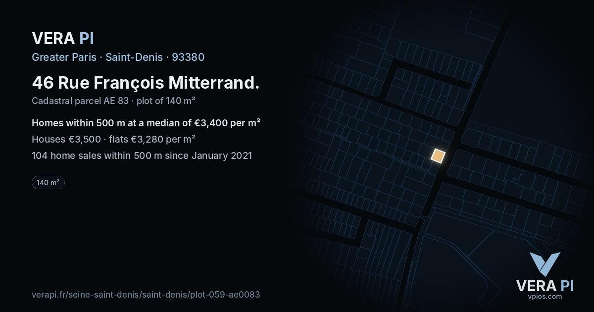 46 Rue François Mitterrand, Saint-Denis at night – the plot lit, the parcels around coloured by the prices near them