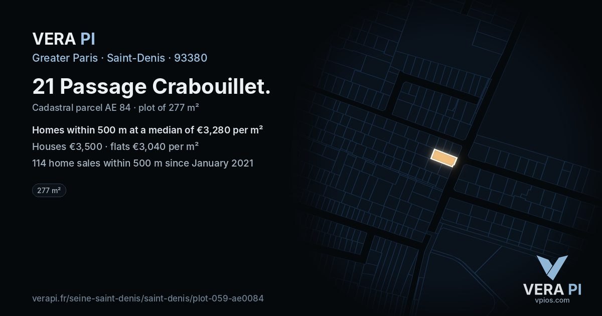 21 Passage Crabouillet, Saint-Denis at night – the plot lit, the parcels around coloured by the prices near them