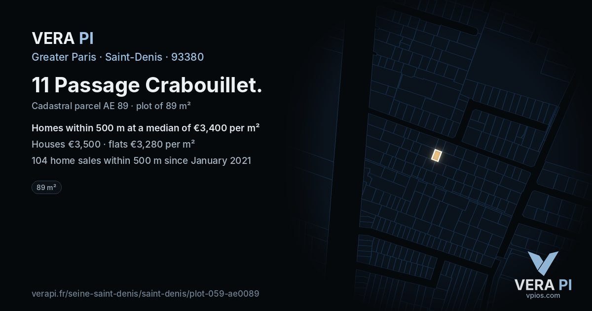 11 Passage Crabouillet, Saint-Denis at night – the plot lit, the parcels around coloured by the prices near them