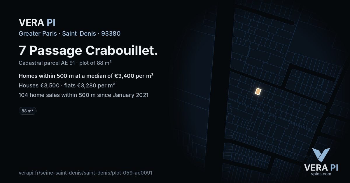 7 Passage Crabouillet, Saint-Denis at night – the plot lit, the parcels around coloured by the prices near them