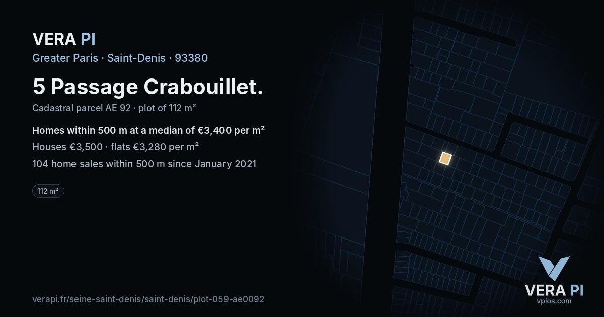 5 Passage Crabouillet, Saint-Denis at night – the plot lit, the parcels around coloured by the prices near them