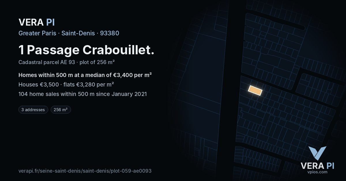 1 Passage Crabouillet, Saint-Denis at night – the plot lit, the parcels around coloured by the prices near them