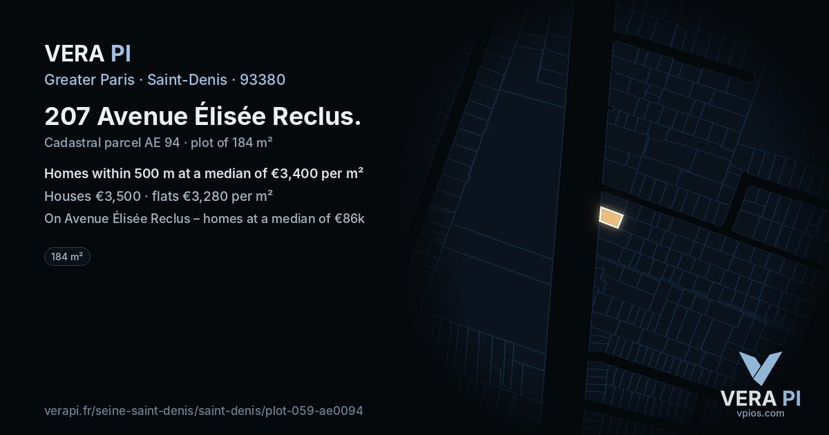 207 Avenue Élisée Reclus, Saint-Denis at night – the plot lit, the parcels around coloured by the prices near them