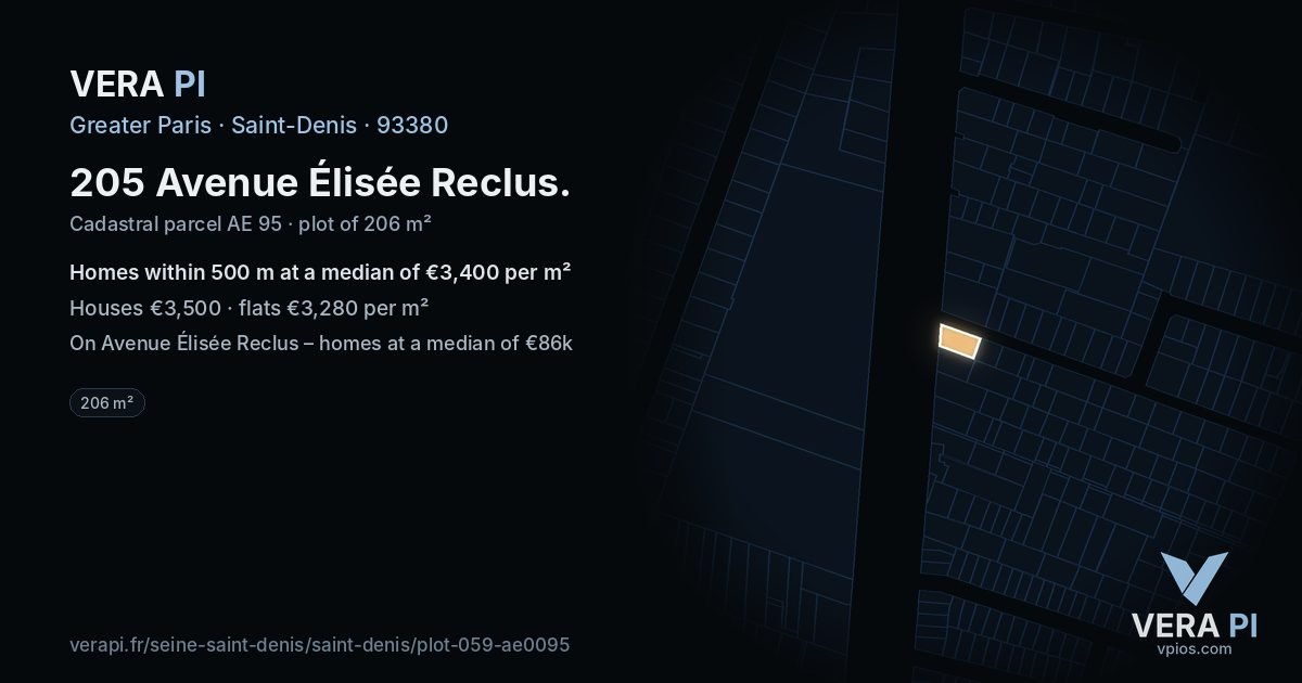 205 Avenue Élisée Reclus, Saint-Denis at night – the plot lit, the parcels around coloured by the prices near them