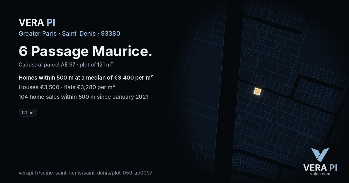 6 Passage Maurice, Saint-Denis at night – the plot lit, the parcels around coloured by the prices near them