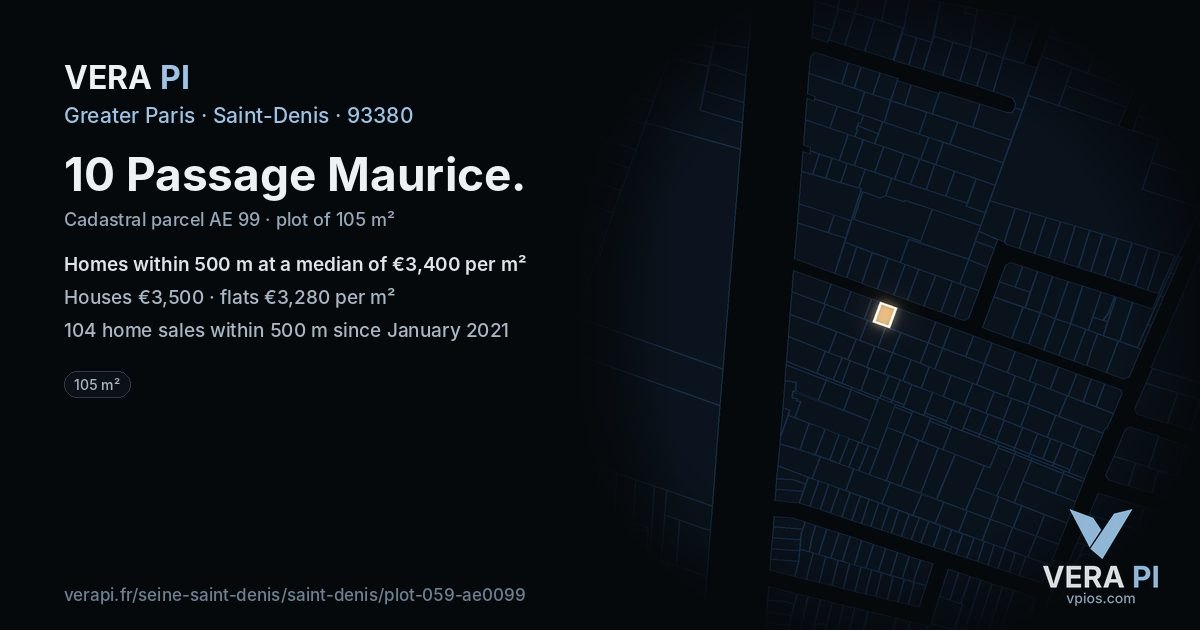 10 Passage Maurice, Saint-Denis at night – the plot lit, the parcels around coloured by the prices near them