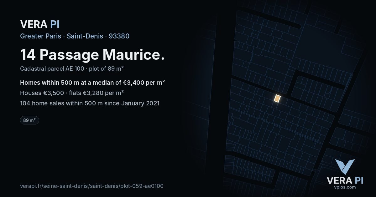 14 Passage Maurice, Saint-Denis at night – the plot lit, the parcels around coloured by the prices near them