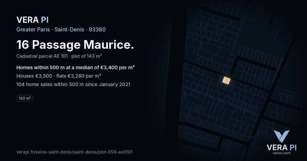16 Passage Maurice, Saint-Denis at night – the plot lit, the parcels around coloured by the prices near them