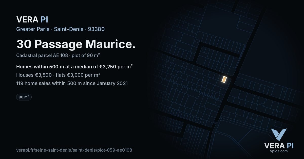 30 Passage Maurice, Saint-Denis at night – the plot lit, the parcels around coloured by the prices near them