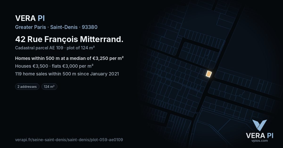42 Rue François Mitterrand, Saint-Denis at night – the plot lit, the parcels around coloured by the prices near them