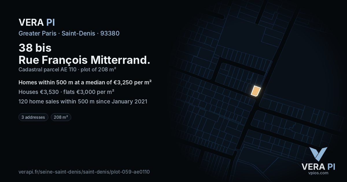 38 bis Rue François Mitterrand, Saint-Denis at night – the plot lit, the parcels around coloured by the prices near them