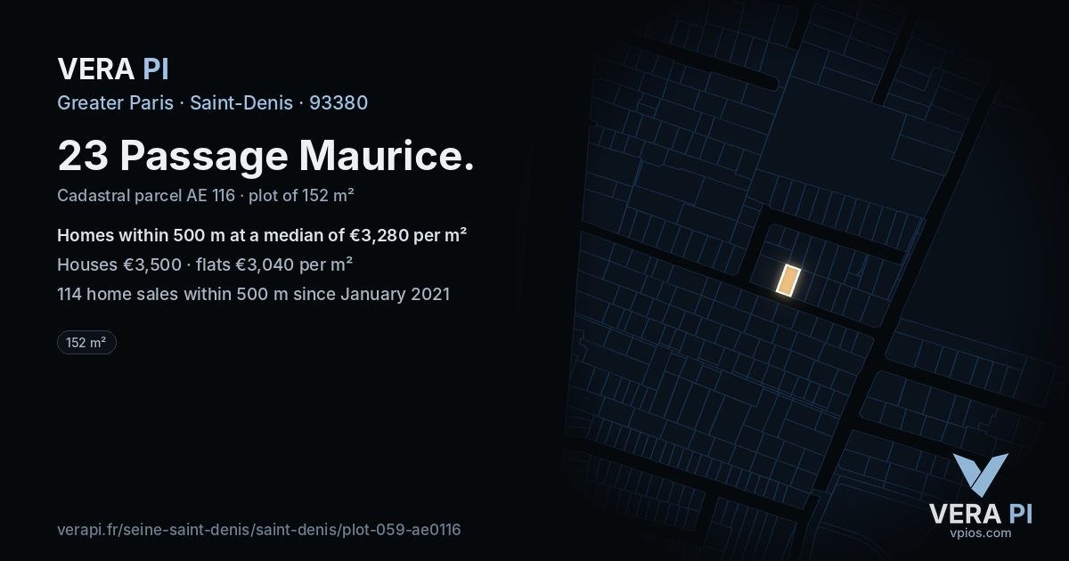 23 Passage Maurice, Saint-Denis at night – the plot lit, the parcels around coloured by the prices near them