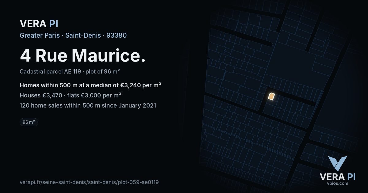 4 Rue Maurice, Saint-Denis at night – the plot lit, the parcels around coloured by the prices near them