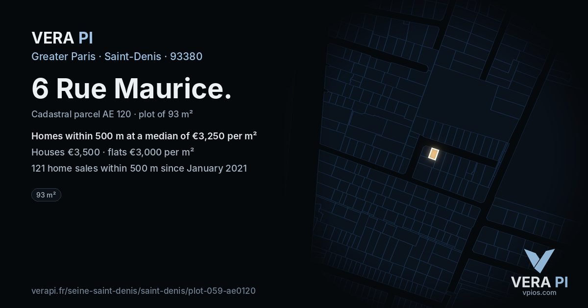 6 Rue Maurice, Saint-Denis at night – the plot lit, the parcels around coloured by the prices near them