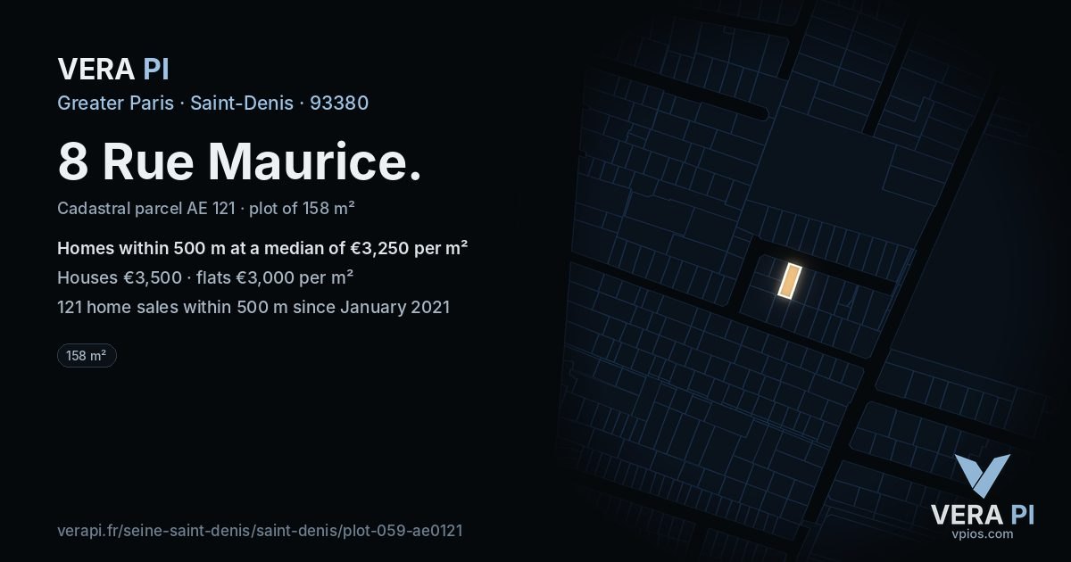 8 Rue Maurice, Saint-Denis at night – the plot lit, the parcels around coloured by the prices near them