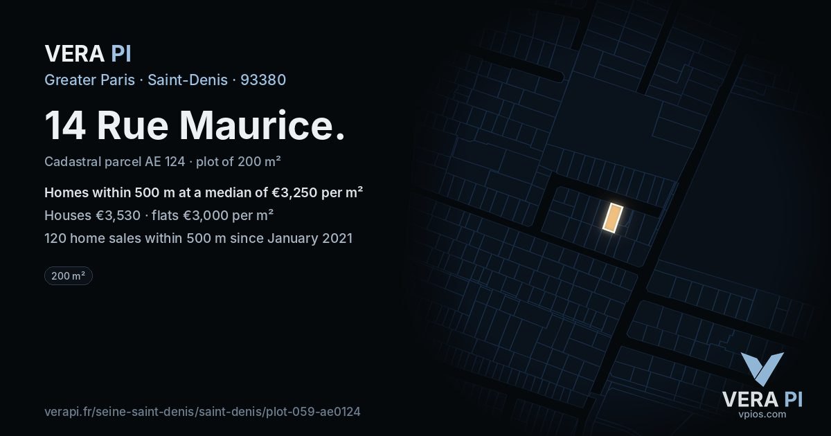 14 Rue Maurice, Saint-Denis at night – the plot lit, the parcels around coloured by the prices near them