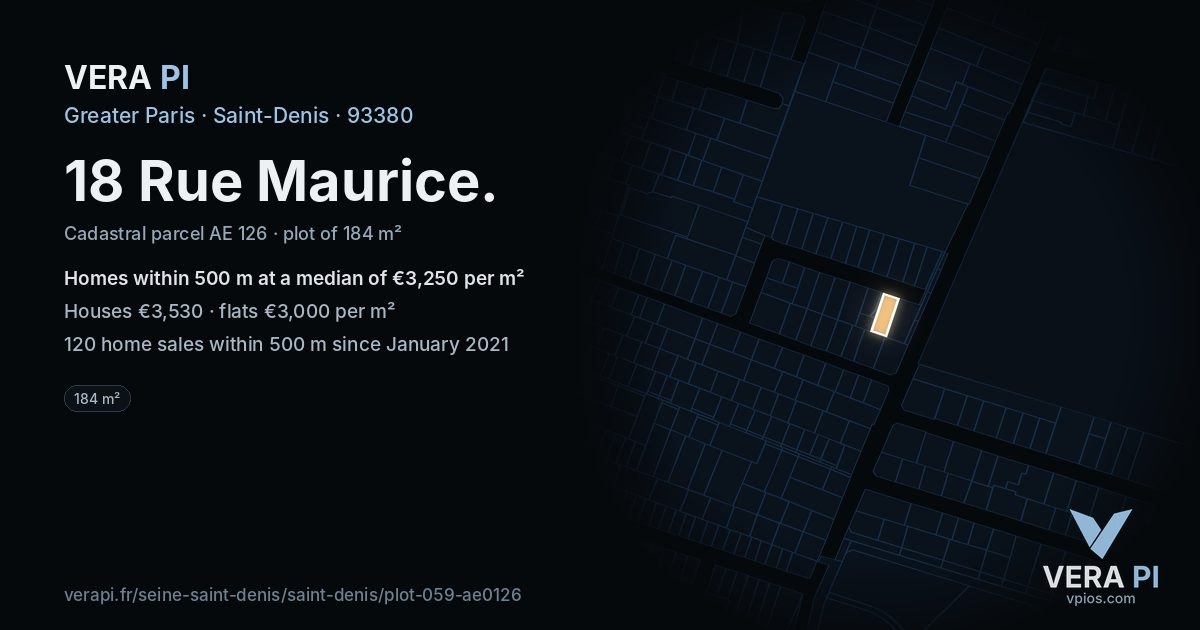 18 Rue Maurice, Saint-Denis at night – the plot lit, the parcels around coloured by the prices near them