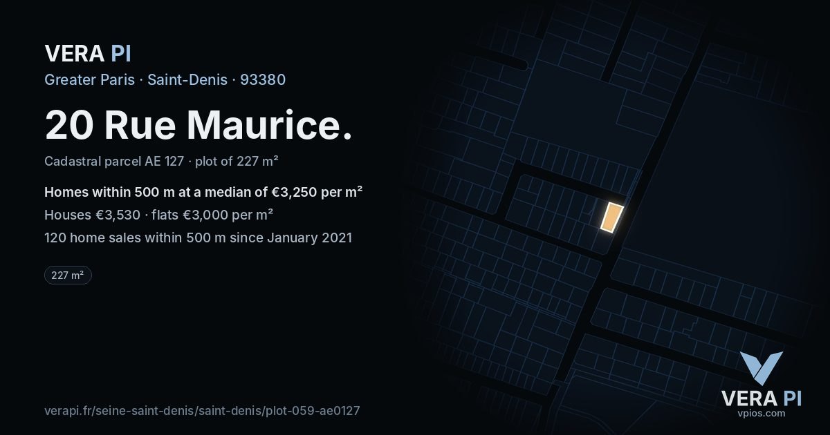 20 Rue Maurice, Saint-Denis at night – the plot lit, the parcels around coloured by the prices near them