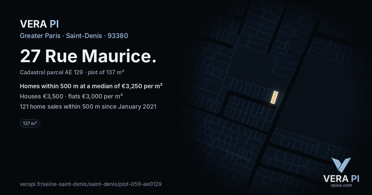 27 Rue Maurice, Saint-Denis at night – the plot lit, the parcels around coloured by the prices near them