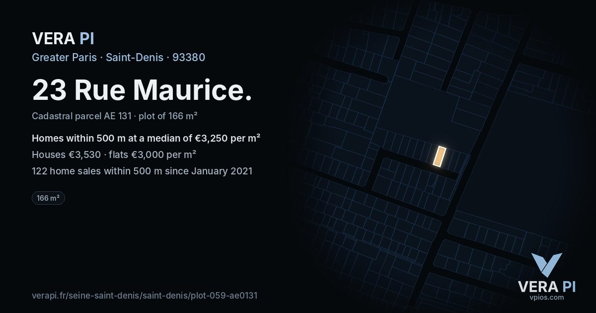 23 Rue Maurice, Saint-Denis at night – the plot lit, the parcels around coloured by the prices near them