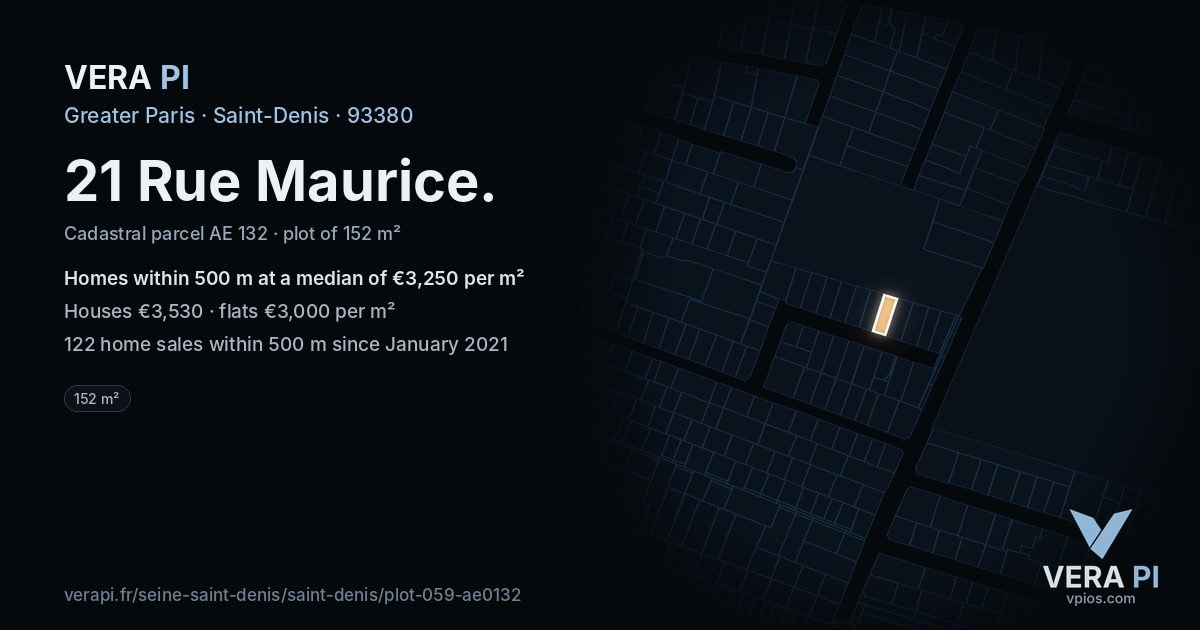 21 Rue Maurice, Saint-Denis at night – the plot lit, the parcels around coloured by the prices near them