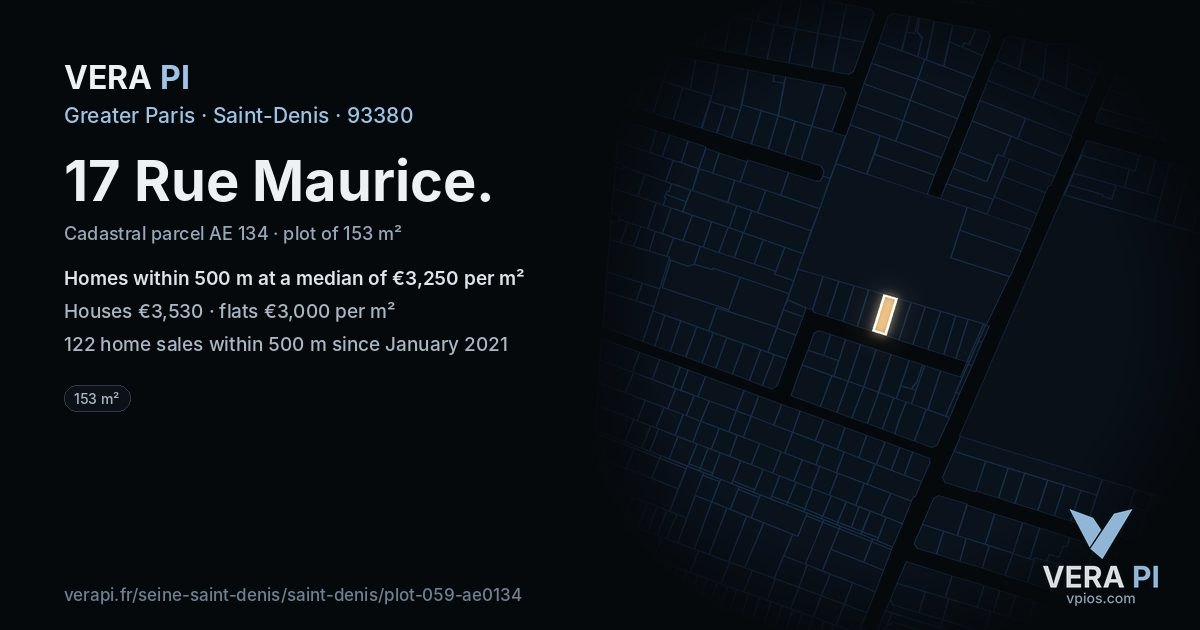 17 Rue Maurice, Saint-Denis at night – the plot lit, the parcels around coloured by the prices near them