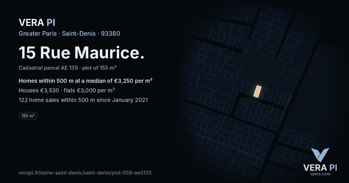 15 Rue Maurice, Saint-Denis at night – the plot lit, the parcels around coloured by the prices near them