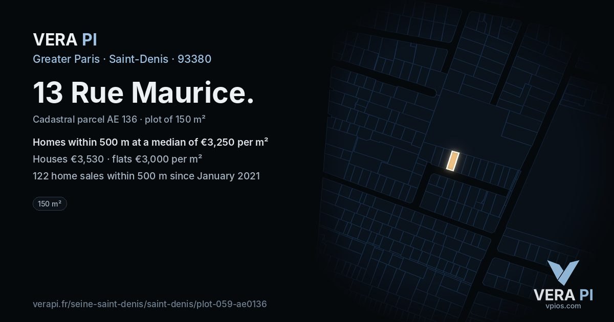 13 Rue Maurice, Saint-Denis at night – the plot lit, the parcels around coloured by the prices near them