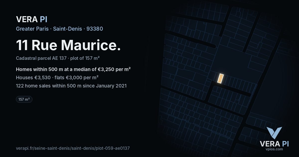 11 Rue Maurice, Saint-Denis at night – the plot lit, the parcels around coloured by the prices near them