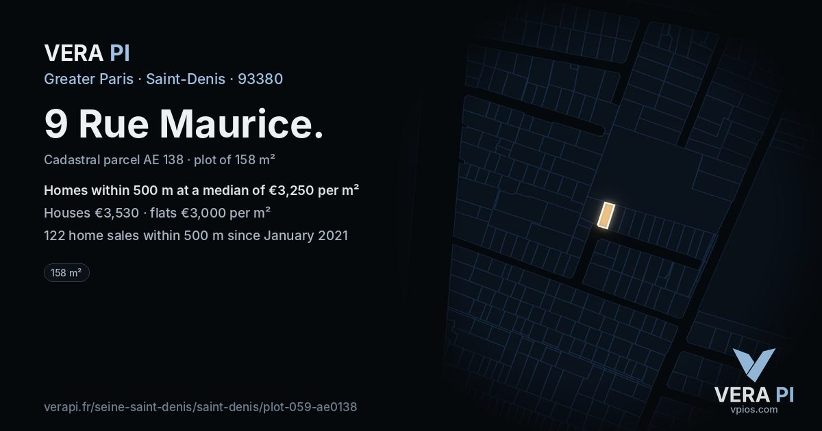 9 Rue Maurice, Saint-Denis at night – the plot lit, the parcels around coloured by the prices near them