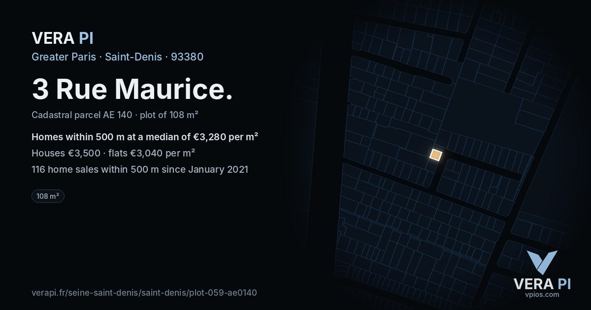 3 Rue Maurice, Saint-Denis at night – the plot lit, the parcels around coloured by the prices near them