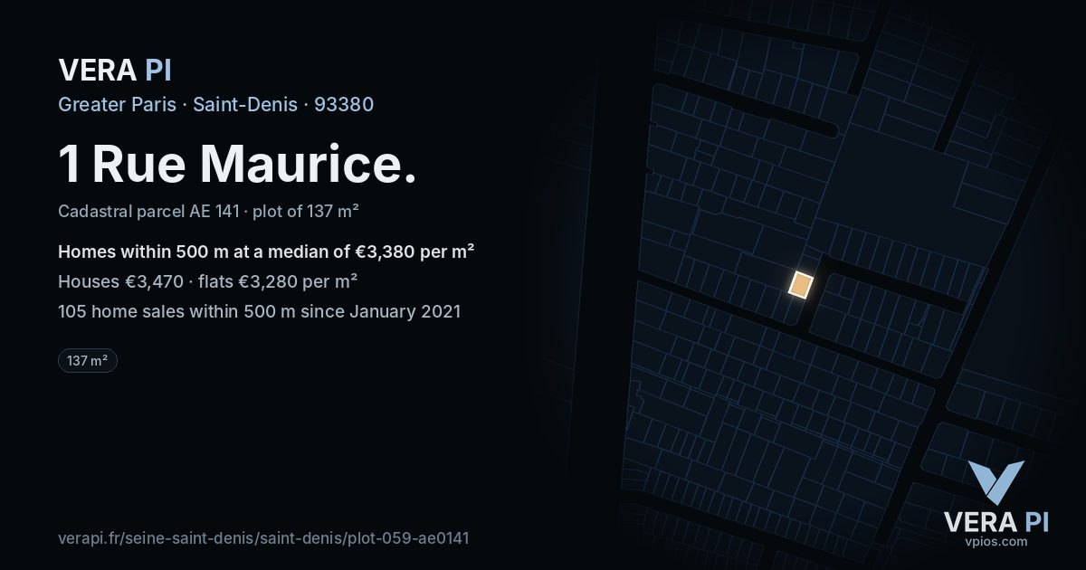1 Rue Maurice, Saint-Denis at night – the plot lit, the parcels around coloured by the prices near them