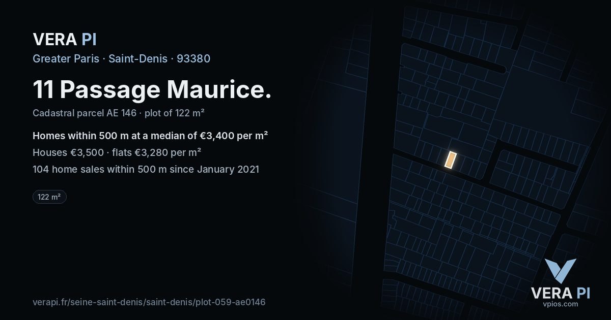11 Passage Maurice, Saint-Denis at night – the plot lit, the parcels around coloured by the prices near them
