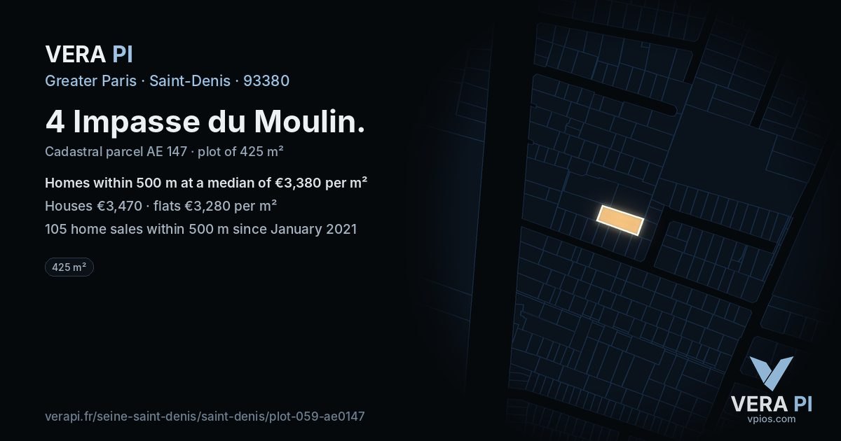 4 Impasse du Moulin, Saint-Denis at night – the plot lit, the parcels around coloured by the prices near them
