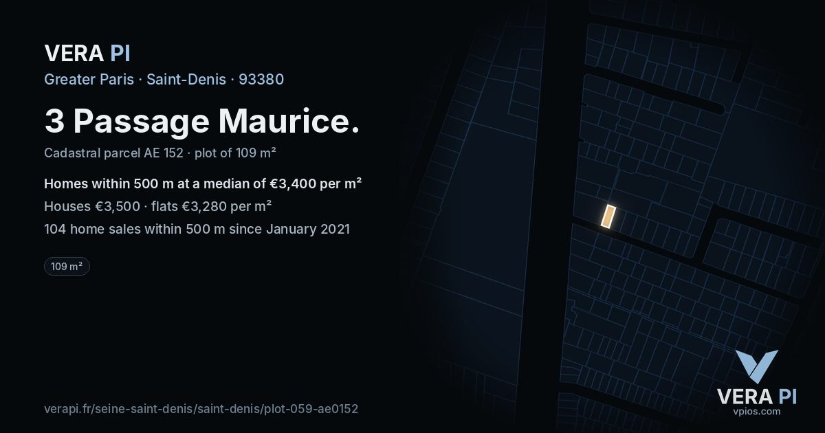 3 Passage Maurice, Saint-Denis at night – the plot lit, the parcels around coloured by the prices near them