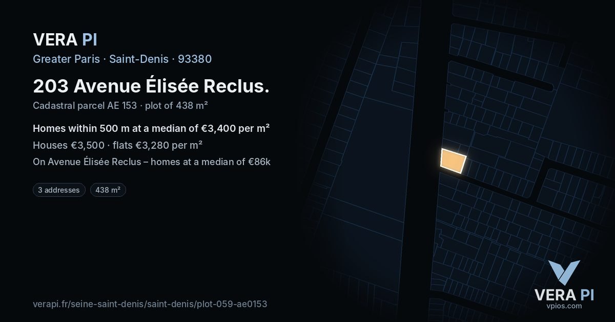 203 Avenue Élisée Reclus, Saint-Denis at night – the plot lit, the parcels around coloured by the prices near them
