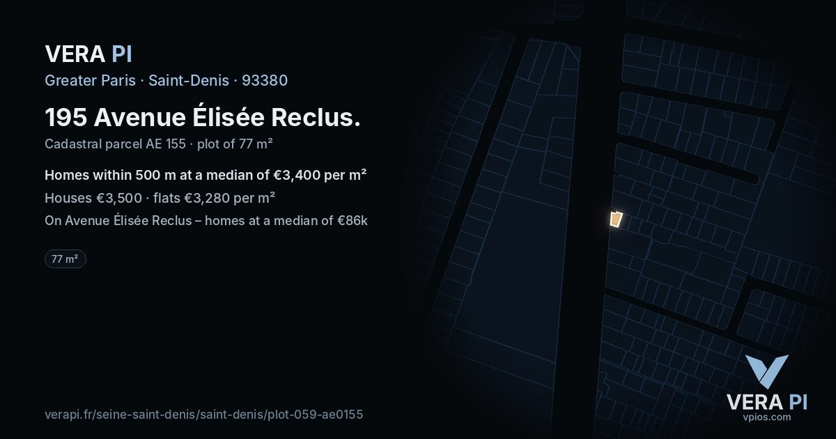 195 Avenue Élisée Reclus, Saint-Denis at night – the plot lit, the parcels around coloured by the prices near them