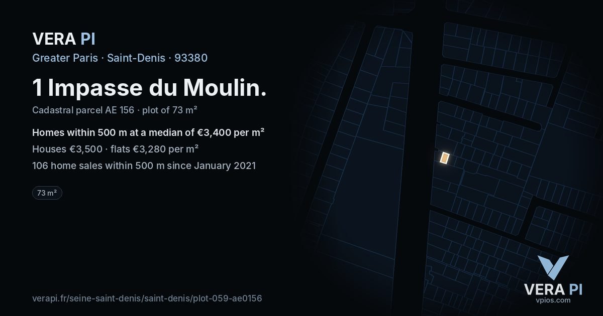 1 Impasse du Moulin, Saint-Denis at night – the plot lit, the parcels around coloured by the prices near them