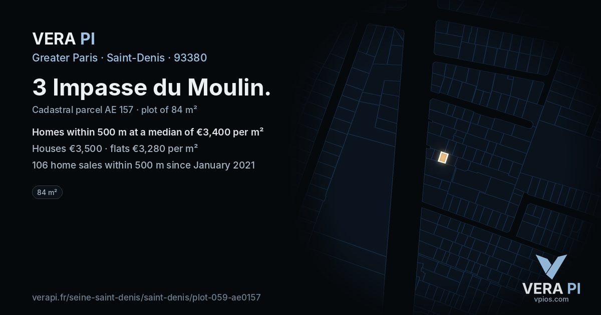 3 Impasse du Moulin, Saint-Denis at night – the plot lit, the parcels around coloured by the prices near them