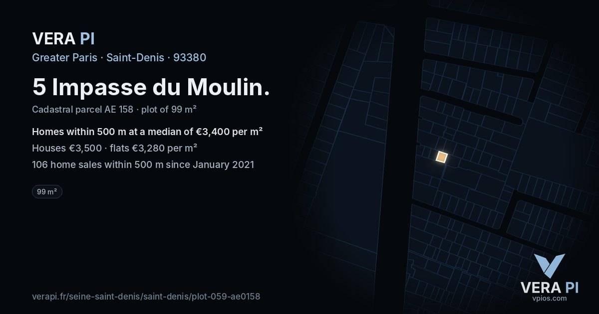 5 Impasse du Moulin, Saint-Denis at night – the plot lit, the parcels around coloured by the prices near them